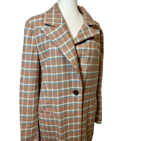 Something Navy Camel Plaid Long Coat – Check Wool Blend Single Button Overcoat, - Picture 4 of 9